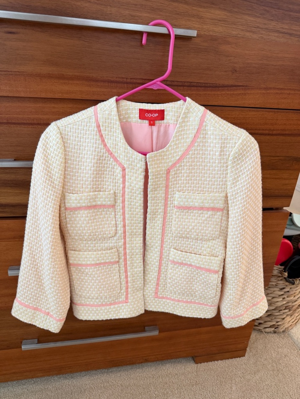 Barneys New York CO-OP Cream Tweed Cropped Jacket with Pink Trim